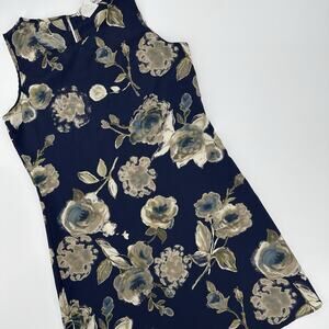 Vintage Flower Garden Shift Dress Women’s Size S Navy Blue Floral Sun Dress 90s